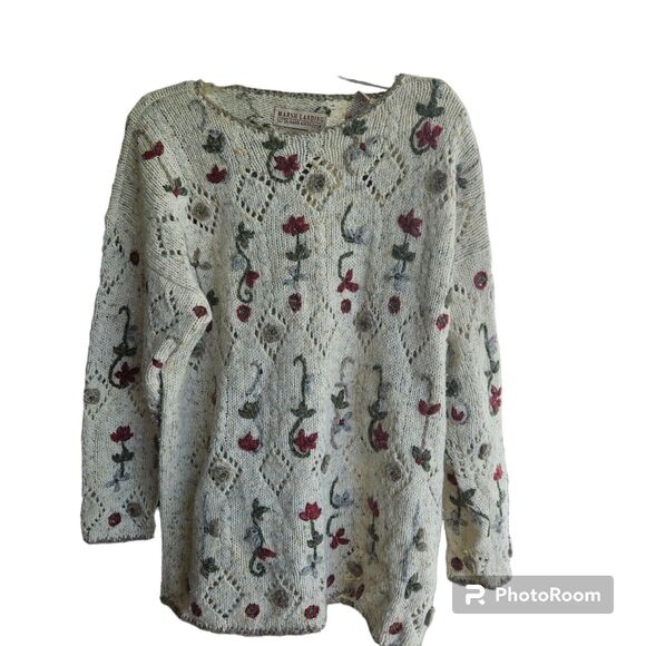 VTG Marsh Landing Sweater Womens Large Beige Red Floral Wool Angora Hand Knit - Picture 1 of 5